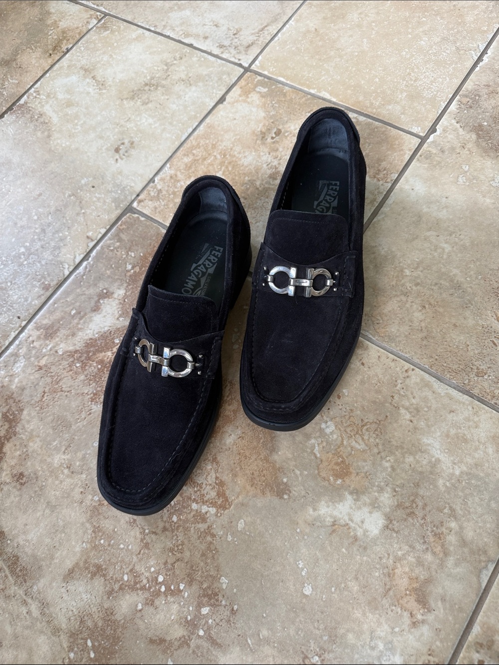Salvatore Ferragamo men’s Black Suede Bit-Trim Slip-On Loafers
